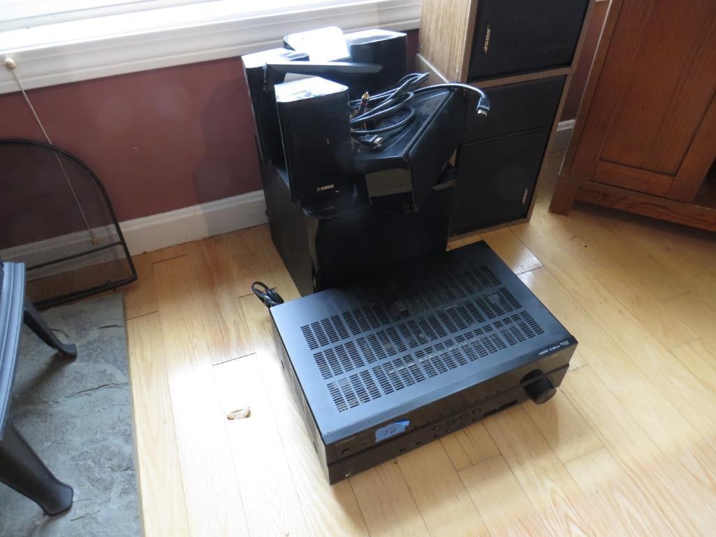 (9) Piece Sound System: Yamaha Natural Sound AV Receiver m.n. RX-V373, (6) Yamaha surround system speakers & (2) Bose speakers, w/ remote & assorted cables
