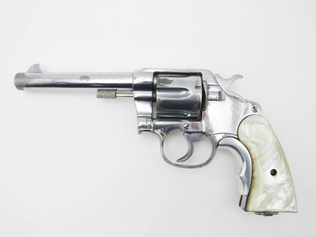 Colt New Service Double Action Revolver: s.n. 143763, .455 Eley, nickel finish, 5.5" barrel, with some moon clips. C&R (25-0035)