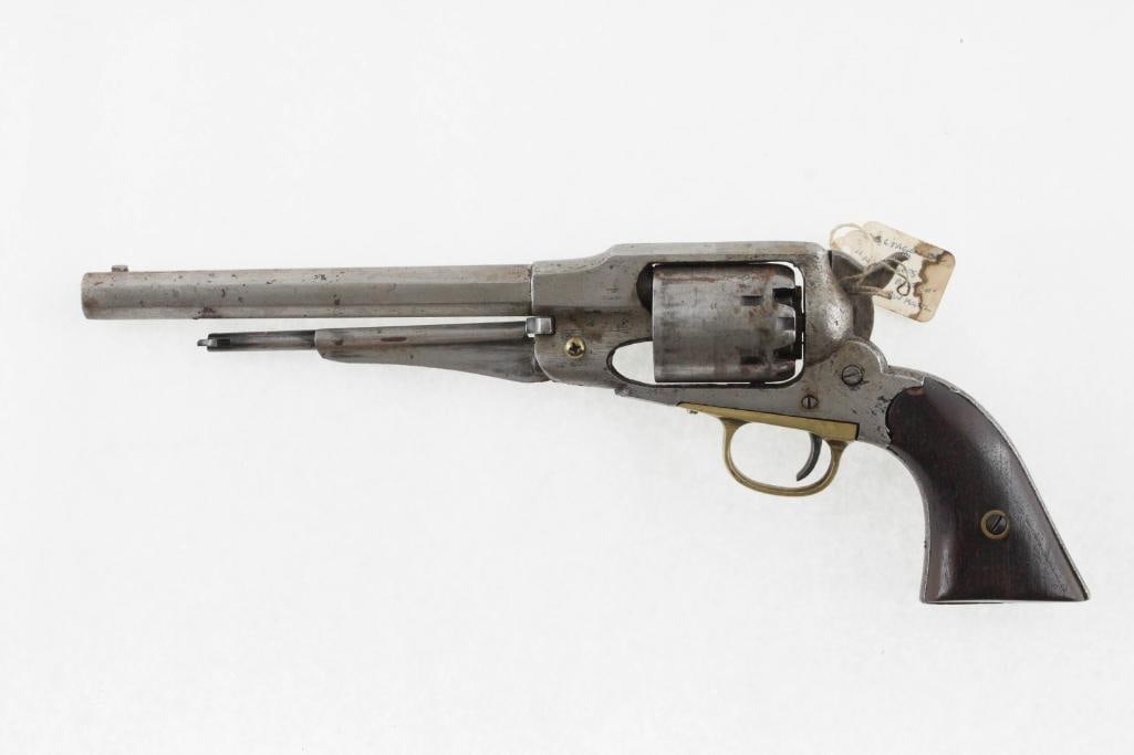 Antique Remington Army Percussion Revolver: s.n. unknown, .44 cal., traces of the name and address on the barrel, well worn but the action still cycles. Antique