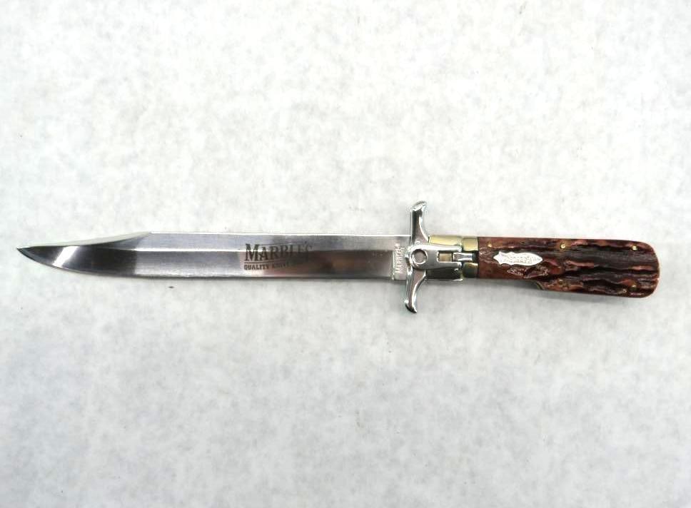 Marble's MR101 Folding Bowie Knife: w/ leather sheath, 8.5" closede, 7.25" stainless bowie blade, jigged staged bone handle w/ nickel silver bolster, in box