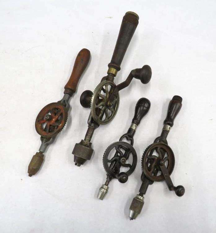 (4) Egg Beater Hand Drills: incl. Millers Falls, 2 need repair / missing parts