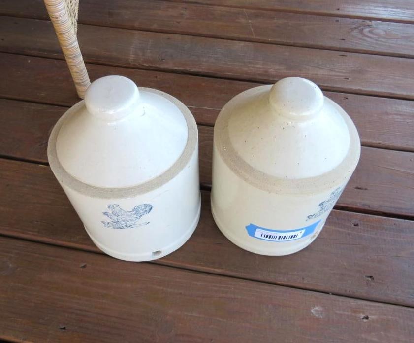 (2) Stoneware Crock Poultry 1 Gal. Feeder (1 of 3)