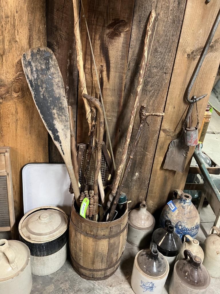 Wood Nail Keg w/ Asst. Contents: walking canes, tennis rackets, fishing pole, skewers & others
