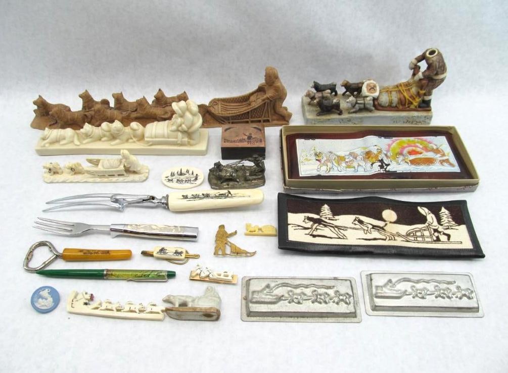 (17pcs.) Dog Team Collectibles: Incl. (7) unpictured Forks and knives in dog team pattern w/ original box