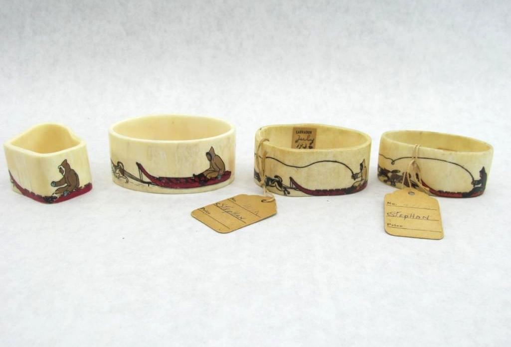 (4) Grenfell Industries Bone Napkin Rings: Nicely painted, 1930s