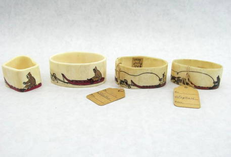 (4) Grenfell Industries Bone Napkin Rings: Nicely painted, 1930s 
