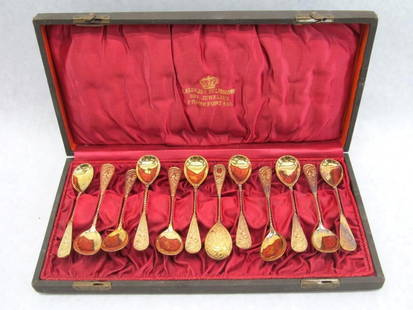 Cased Set of (12) .88 Silver Gilt Spoons: demitasse or chocolate 