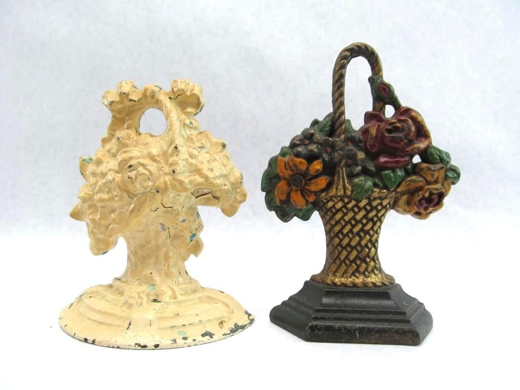 (2) Floral Iron Doorstops: Multi color is 7 tall