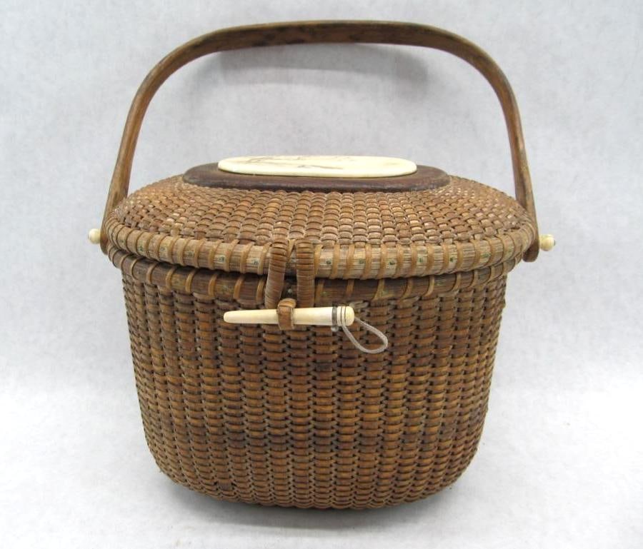 Older Nantucket Basket/Purse with Scrimshaw:  