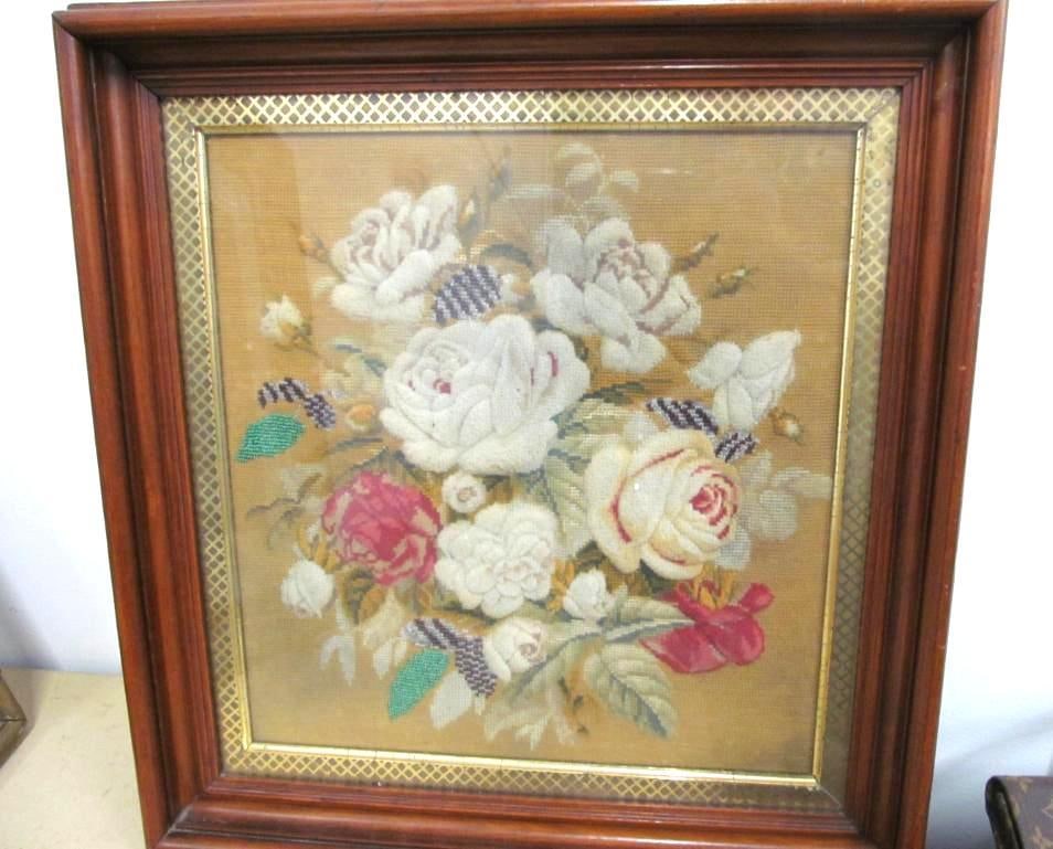 Walnut Framed Victorian Needle/Bead Work:  