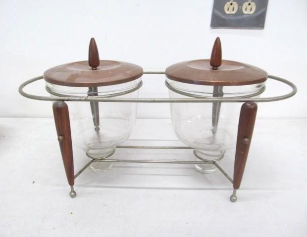 Pyrex Serving Dish on Stand; Copper & Teak: 18 long, 10 tall