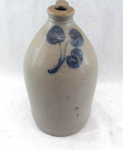 Blue Decorated Stoneware Jug: (1) gallon, gingko leaves, 12"T