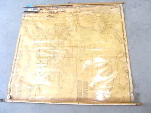 1890 Hopkins Wall Map of Burlington, Vermont: 68x60. The top left corner of the map is damaged and there are pieces missing.