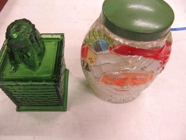 Painted Santa Candy Jar & Green Glass Box:  