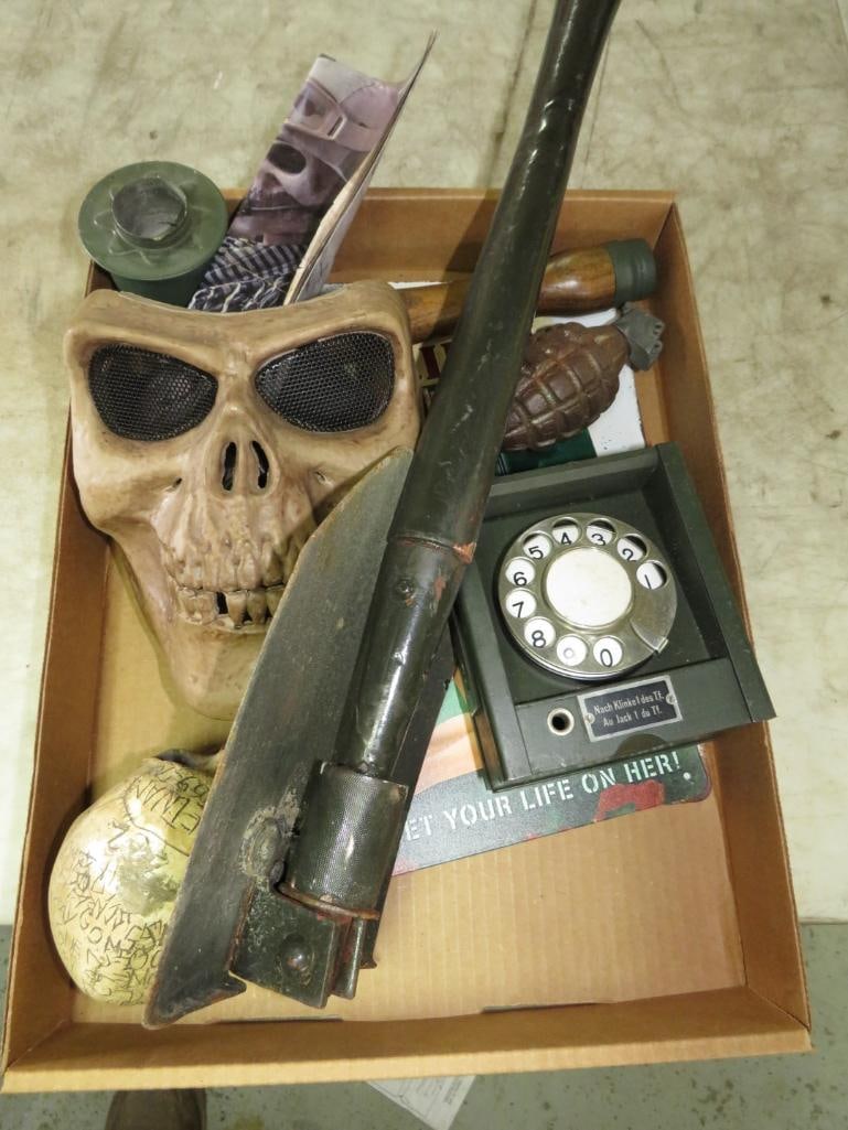 Militaria: incl. signage; masks, & moreLocation: Garage