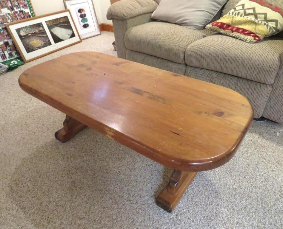 Heavy Pine Coffee Table: 4'x22"x17", Location: basement