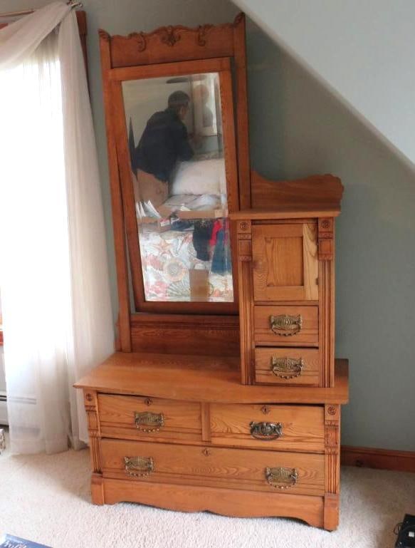Oak Dresser w/ Tall Mirror: 43"x18"x79", beveled mirror, Location: 2nd floor room 1
