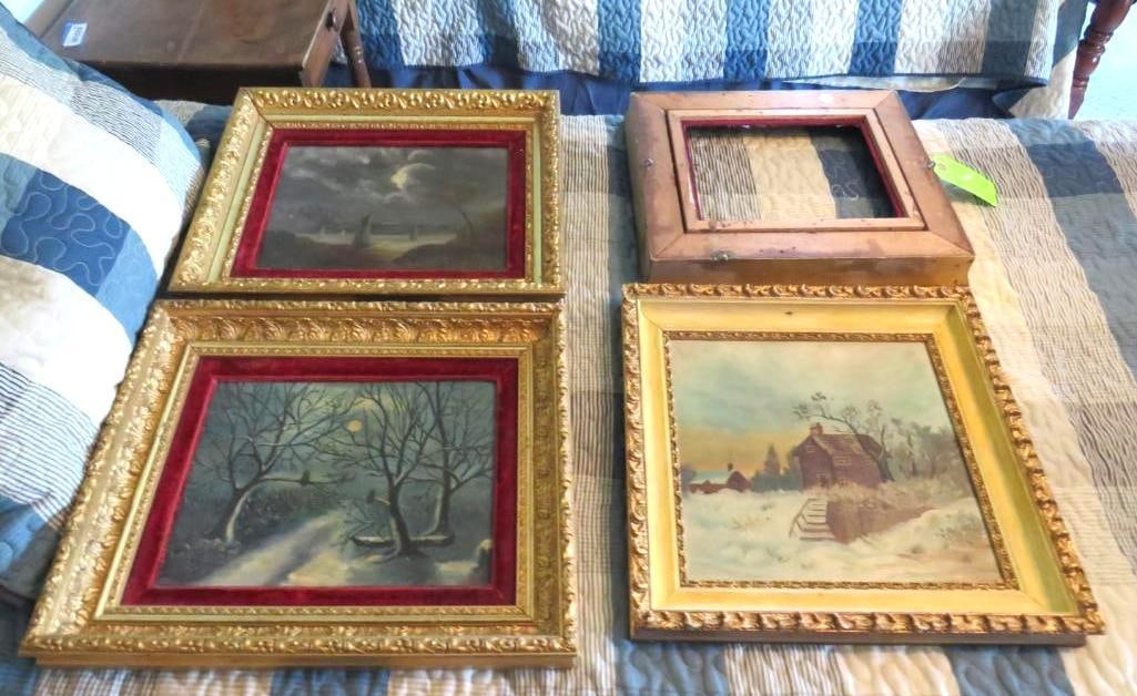 (4) Ornate Picture Frames: (3) w/ primitive artwork (1 signed?), (1) signed R. Beers, (2) ovr. Dimensions 15"x17 1/2", (1) 15 1/2"x16", (1) 13 1/2"x15 1/2", Location: 2nd floor room 2