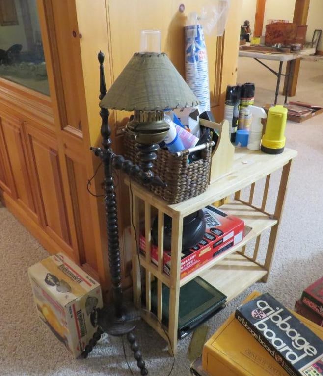 Wood Bookshelf, Spool Lamp, Etc.: lamp needs repair, bookshelf is 29"x12"x30", Location: basement