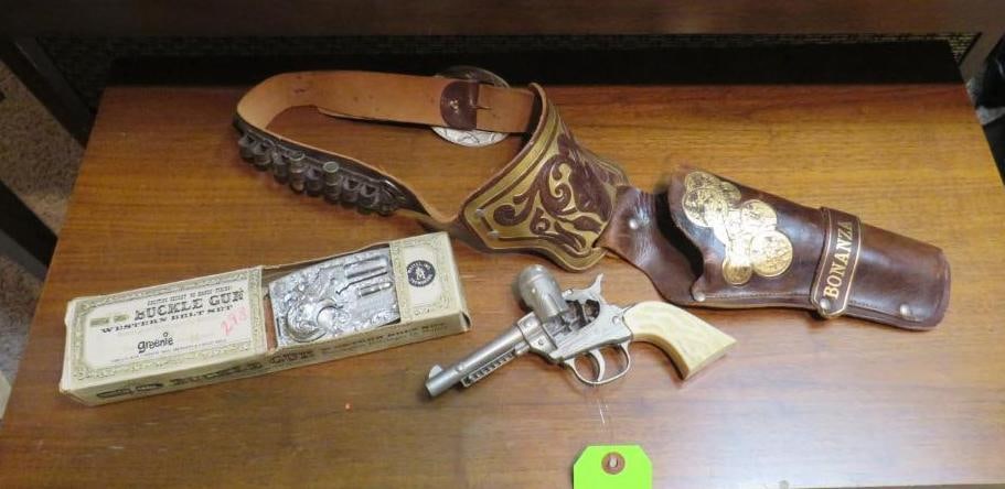 (2) Toy Pistols: incl. mattel buckle gun and hubley cap gun, bonanza holster, Location: basement
