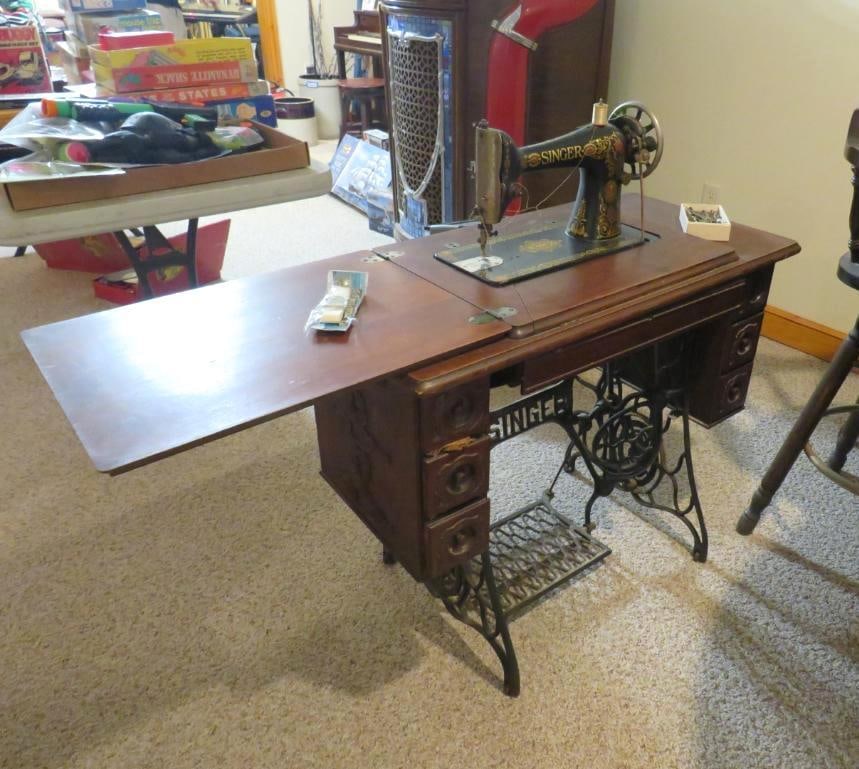 Singer Treadle Sewing Machine: #5241480, w/ asst. accessories, Location: basement