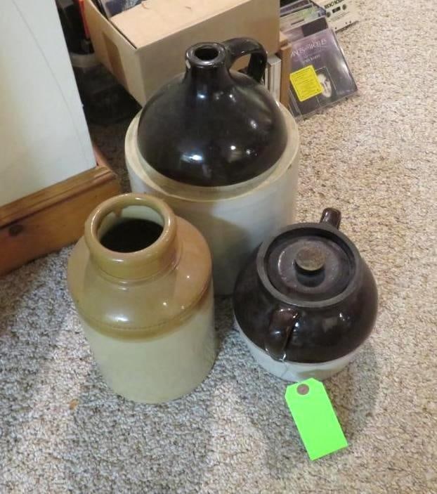 (3) Ceramic Earthenware: largest is #2 Jug 13"tall, Location: basement