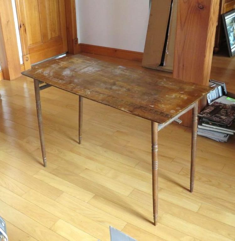 Vintage Wood Sewing Table: 36"x18"x25", has Wood spring-folded base, Location: upstairs hall