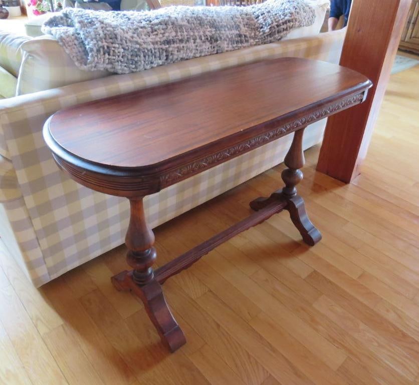 Brandt Rococo Mahogany Trestle Console Table: 48"x18"x31", very small veneer loss on top, Location: dining room