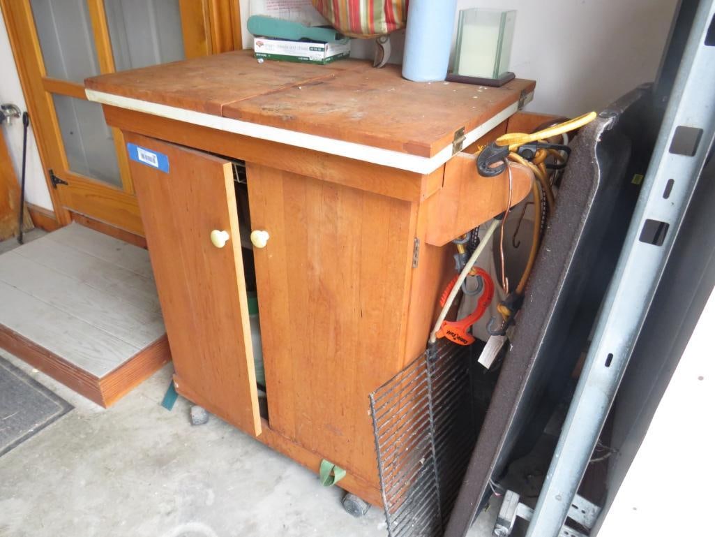Wood Island Cabinet On Casters: 36"x20"x35", Location: garage/patio