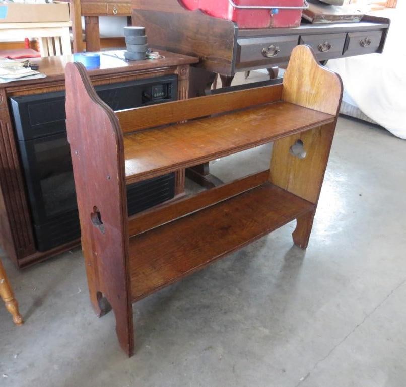 Vintage Walnut 2-Shelf Wood Bookcase: Location: garage