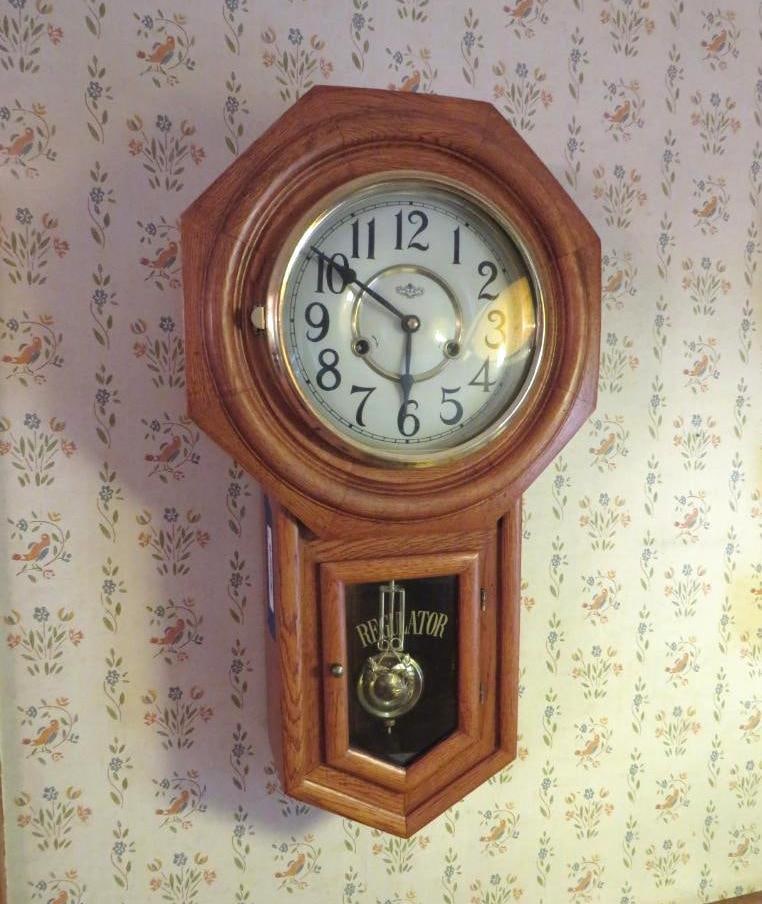 Regulator Wall Clock: key wind w/key, partial brass works