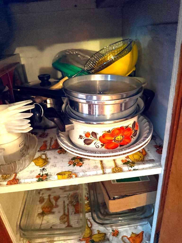 Lower Cabinet Contents: incl. Pyrex cake pans, bread pans, tin ware, flat ware, coffee pot , electric knife, and more
