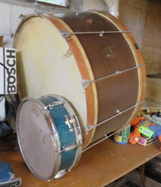 Snare & Bass Drum: Snare drum is 14 1/2" diameter, Bass drum is Walberg Auge, 30" Diameter, needs repair & cleaning