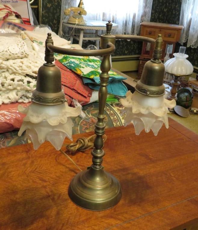 Art Deco Brass Lamp w/Frosted Petal Shades (1 of 5)