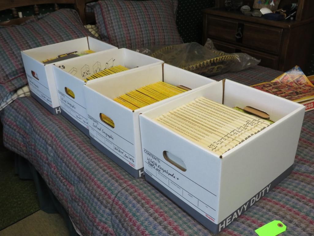 (9) Bankers Boxes ff Books: incl. Natural Geographics, Asst. children's books, Charles Shults, The Hardy boys and etc.