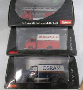 (3) Schuco Hanomag Trucks: incl. Fire Engine, 1:43 Scale; Art No 03241, 03235, 02936 