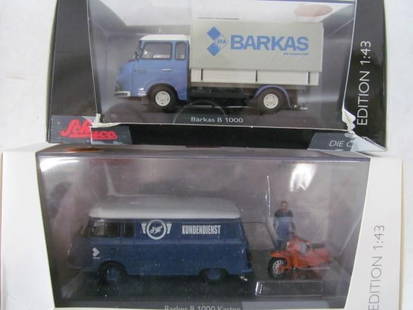 (2) Schuco Barkas B 1000 Trucks: (1) w/ Scooter, 1:43 Scale; 45 0367000, 45 0364700 