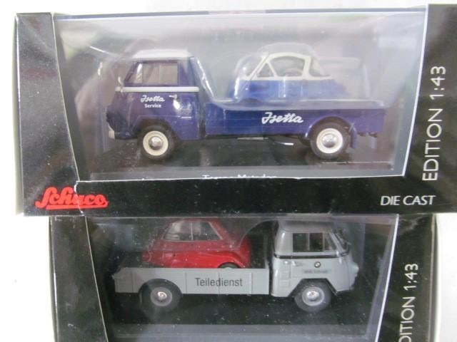 (2) Schuco Tempo Matador Trucks w/Cars: 1:43 Scale; 45033190 Isetta Service & 03327 BMW