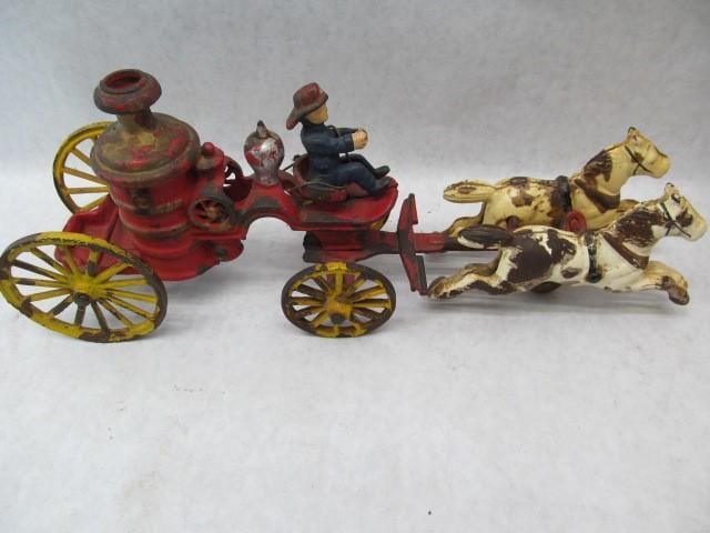 Early Cast Iron Horse Drawn Fire Pumper: 13"