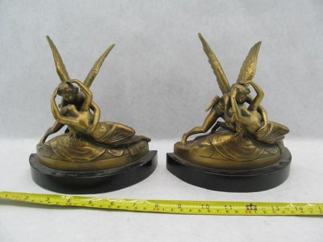 "Psyche Revived by Cupid's Kiss" Bookends: stone bases, bronzed finish, (7.5) inches tall