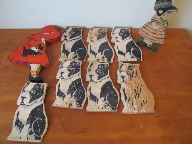 (7) Boston Terrier Doorstops: (no wedges) & (2) Ptd Cutouts, red girl is 11"