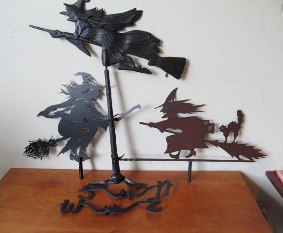 (3) Decorative Metal Witch Weathervanes: tallest 29"