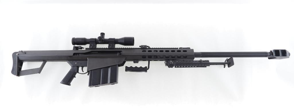 Barrett Model M82A1 Semi-Automatic Rifle: s.n. 7487, .50 BMG. The rifle that so many long for, this one includes a Swarovski 10x42 scope, (5) magazines, iron sights, carry handle, cleaning kit, sling and fitted Pelican hard case. Modern (25-0
