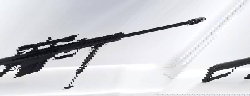 Barrett Model M82A1 Semi-Automatic Rifle: s.n. 7487, .50 BMG. The rifle that so many long for, this one includes a Swarovski 10x42 scope, (5) magazines, iron sights, carry handle, cleaning kit, sling and fitted Pelican hard case. Modern