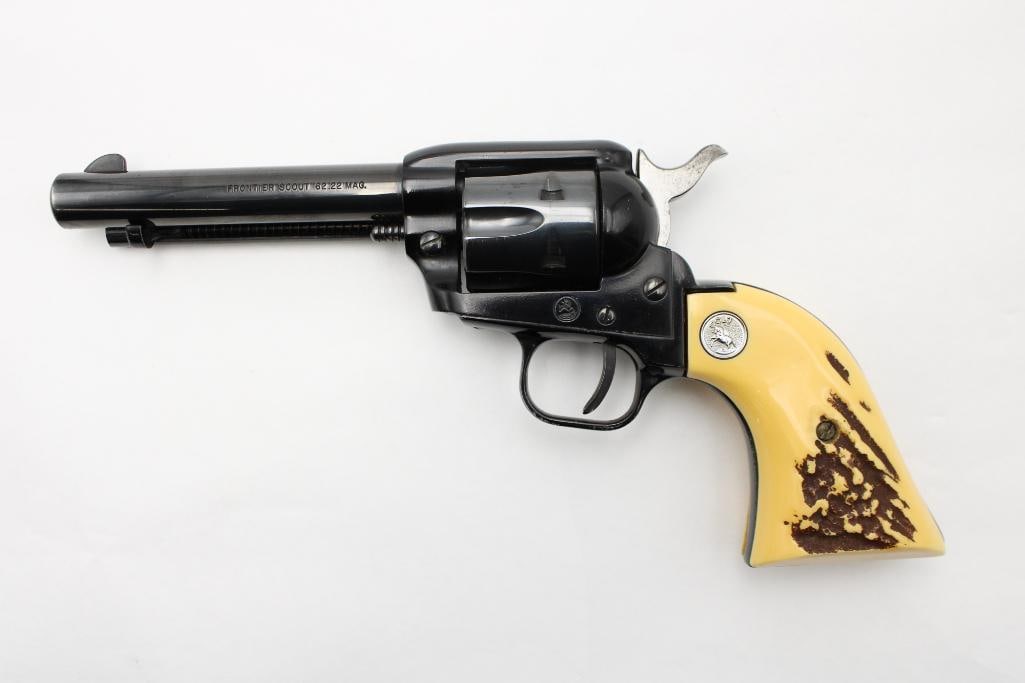 Colt Frontier Scout '62 Single Action Revolver: s.n. 10950P, .22 Magnum, 4.75" barrel, faux stag grips with silver Colt medallions, good condition with a little loss of blue at the muzzle. C&R (25-0223)
