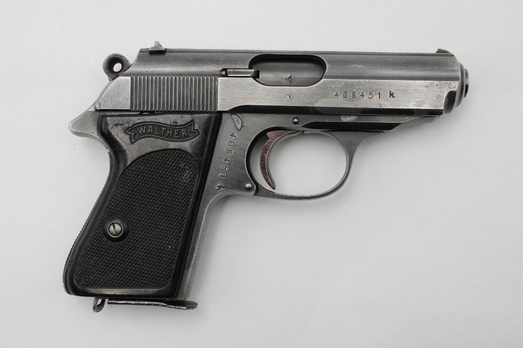 WWII Walther PPK Semi-Automatic Pistol: s.n. 408451K, 7.65mm, in good condition, German acceptance marks on slide and barrel, with (1) period Walther magazine. C&R (25-0181)