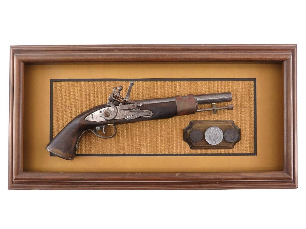 Contemporary Brander Flintlock Pistol: no s.n., .50 cal. with 8.25" barrel. The lock is marked "Brander" behind the hammer and is fully functional. Overall good condition with light rust on the iron surfaces. Comes with a display board. Ex