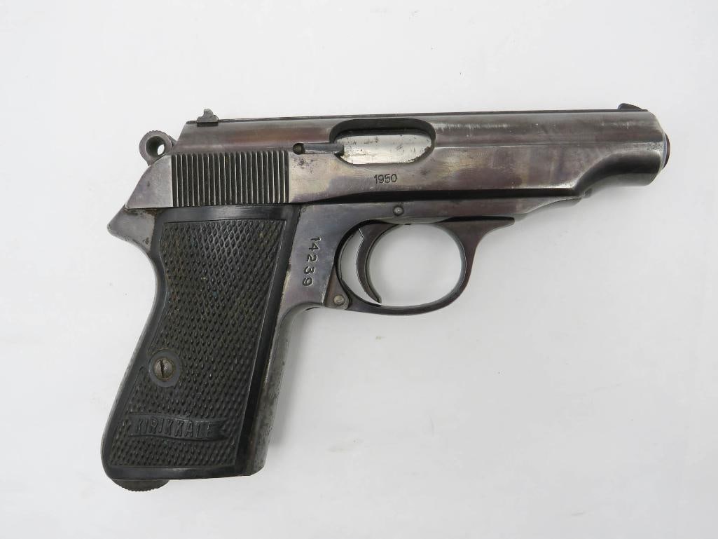 Kirikkale Tufek Model M.K.E. Semi-Automatic Pistol: s.n. 14239, 9mm Kurz. A PPK knock off in fair condition with the blue turning plum and showing some surface wear. Lacking the magazine. Modern (24-0529)