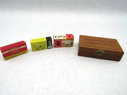 Rimfire Cartridge Lot: BB & CB Caps mostly if not full; (12) Winchester .22 Short; wood box full with (21) shot shells and (29) lead