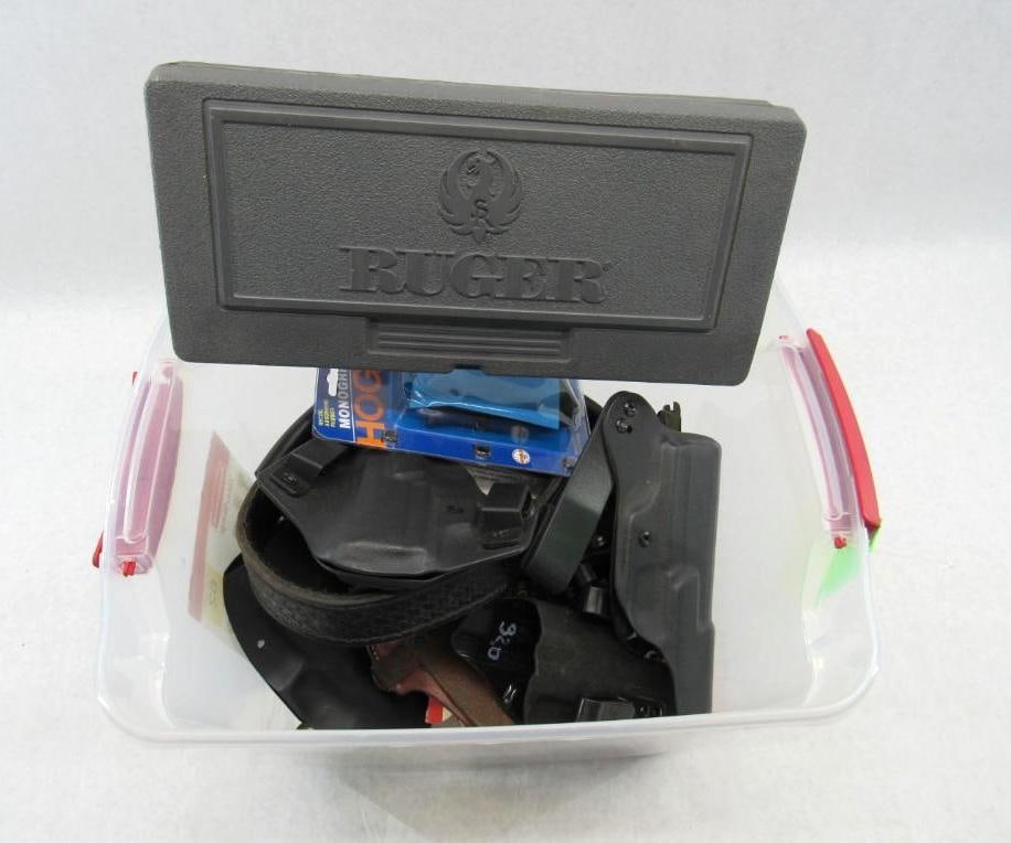 Gun Show Lot: inc.: Holsters; Balls & Bullets; Stripper Clips; Ruger Box; Grips; Sight Parts; Hard Long Gun Case; More